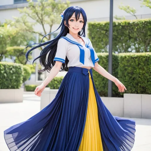 Prompt: Love live anime Umi Sonoda wearing a maxi long floor-length pleated skirt that is very long.