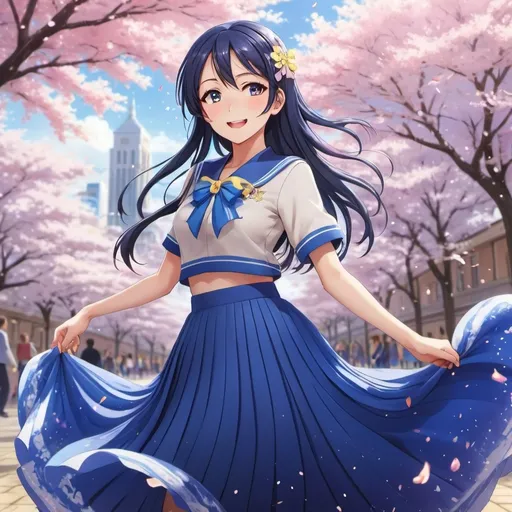 Prompt: Love live anime Umi Sonoda wearing a maxi long floor-length pleated skirt that is very long.