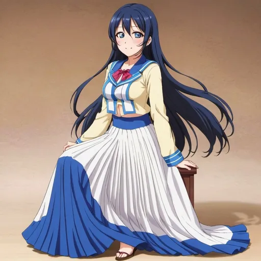 Prompt: Love live anime Umi Sonoda wearing a maxi long floor-length pleated skirt that is very long.