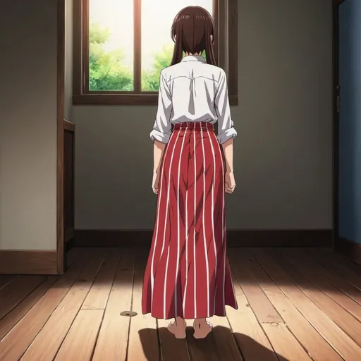 Prompt: The back of a barefooted long-straight haired anime girl. The anime girl is wearing a buttoned shirt and a vertical red striped floor-length maxi long skirt that is extremely long. The anime girl is standing on a wooden floor.
