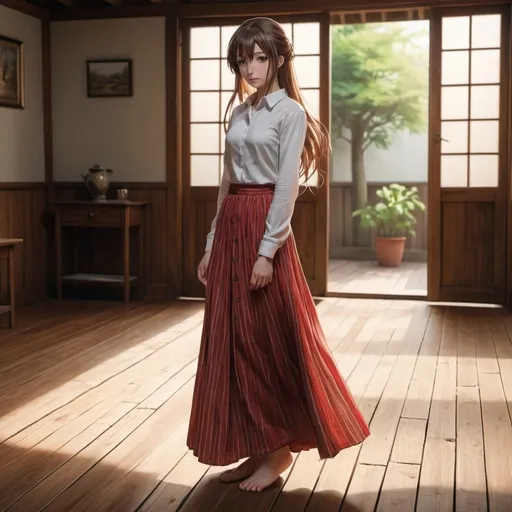 Prompt: The back of a barefooted long-straight haired anime girl. The anime girl is wearing a buttoned shirt and a vertical red striped floor-length maxi long skirt that is extremely long. The anime girl is standing on a wooden floor.
