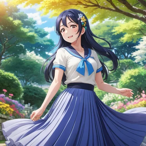 Prompt: Love live anime Umi Sonoda wearing a maxi long floor-length pleated skirt that is very long.