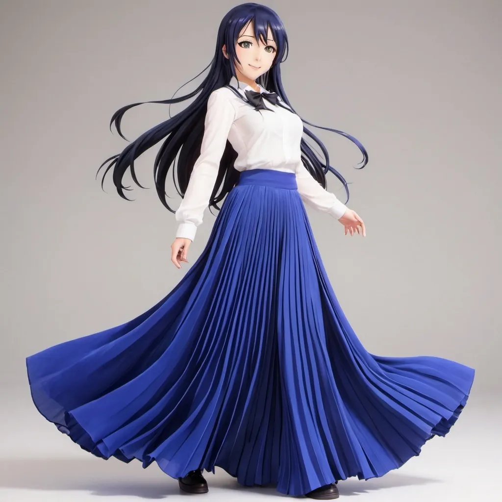 Prompt: Love live anime Umi Sonoda wearing a maxi long floor-length pleated skirt that is very long.