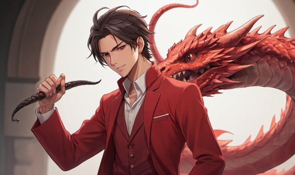 Prompt: An anime stile man with a scar on the right side of his face wearing a modest red outfit while dancing alongside a snakelike dragon