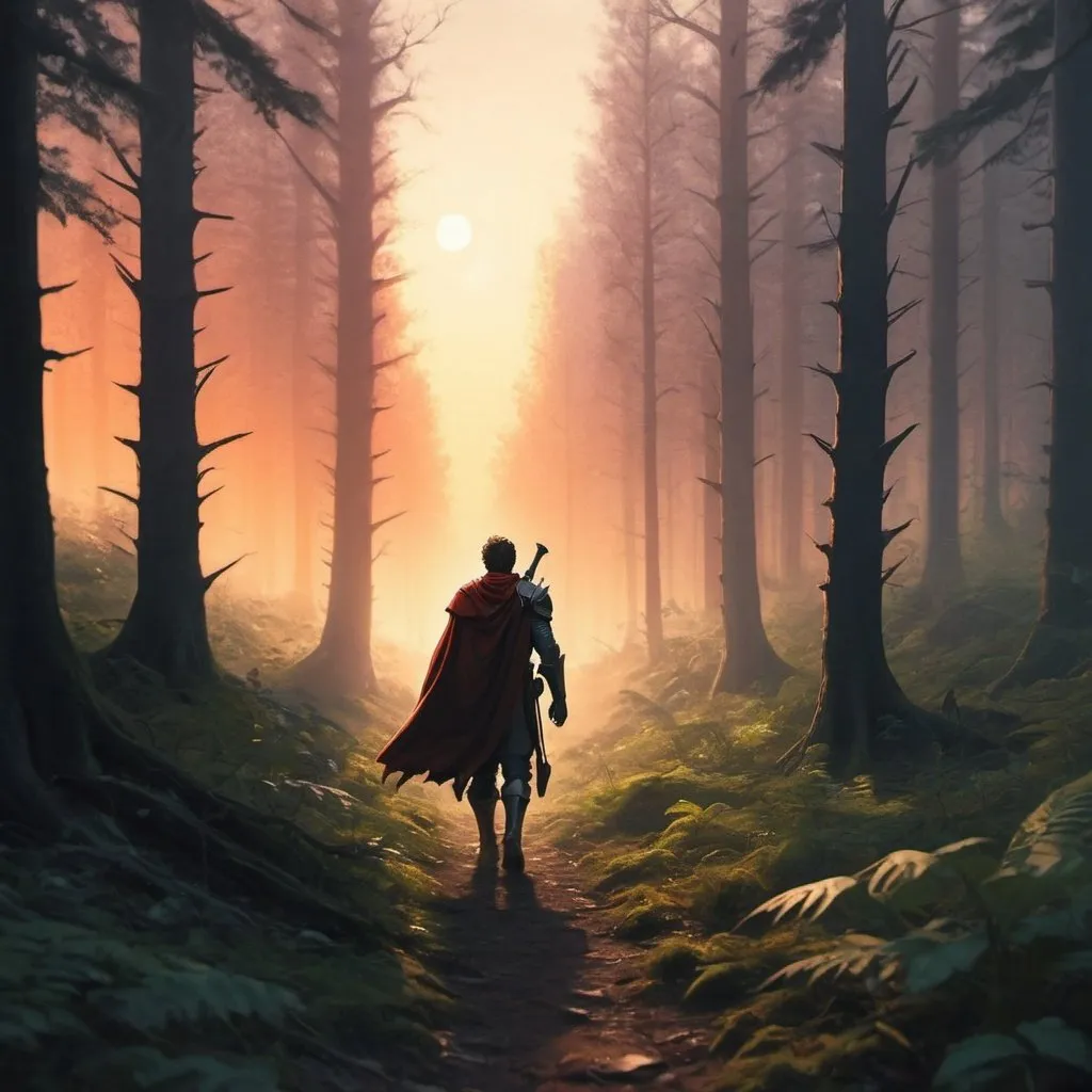 Prompt: A lone hero walking away through a thick forest in at sunset