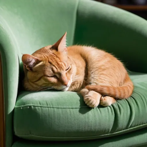 Prompt: A light brown colored cat curled up on a green armchair taking a nap
