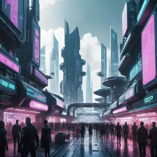 Prompt: A futuristic cyberpunk city with people bustling around engaging in commerce