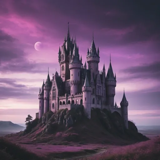 Prompt: A gothic style castle in an other-worldly landscape with a purple sky