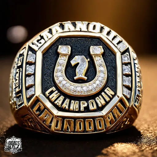 Prompt: A from the top shot of an realistic championship ring but the logo in the center is a horseshoe