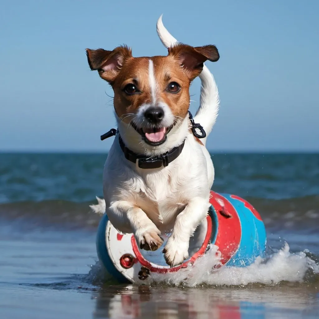 Prompt: Jack Russell flying over the sea