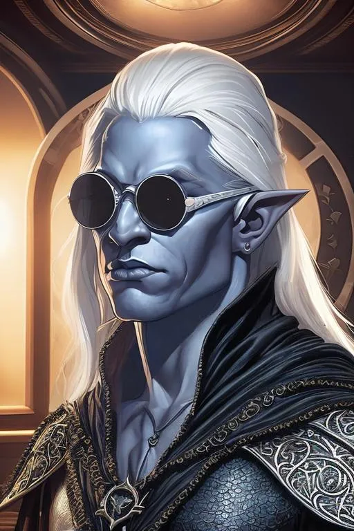 Prompt: Male drow holy assassin, circular-lens sunglasses similar to Ozzy Osbourne, dark fantasy, detailed facial features, mystical aura, high quality, dark and moody lighting, glowing holy symbol, intricate leather armor, ethereal cloak, sinister expression, intense eyes, detailed drow features, mystical weapons