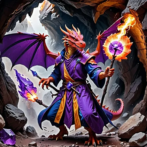 Prompt: a human in a small cave wearing a blue robe with purple pockets holding a staff casting fireball at a (fighting) dragon that seems to be made out of purple shards raring ((the dragon is talking up the space of the mine) he has red to gold (((make them a gradiant twards the head))) no wings
