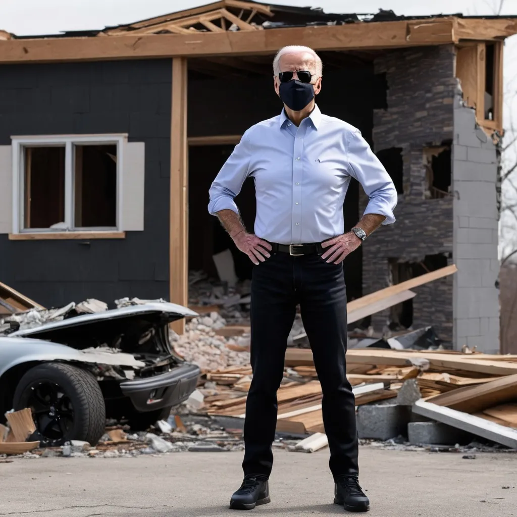 Prompt: joe biden wearing black skinny jeans and wearing a ski mask outside a destroyed home with a Dodge hellcat in the background