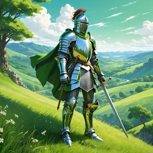 Prompt: Anime illustration of a knight in shining armor, bright green hillside, detailed armor with intricate engravings, vibrant and lush environment, high quality, anime, medieval fantasy, bright green, detailed armor, heroic stance, professional, natural lighting