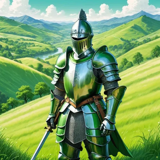 Prompt: Anime illustration of a knight in shining armor, bright green hillside, detailed armor with intricate engravings, vibrant and lush environment, high quality, anime, medieval fantasy, bright green, detailed armor, heroic stance, professional, natural lighting