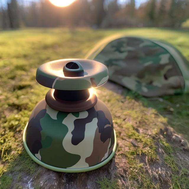 Prompt: circular light with a small camera on the top, a camo lid on the top with a hook.