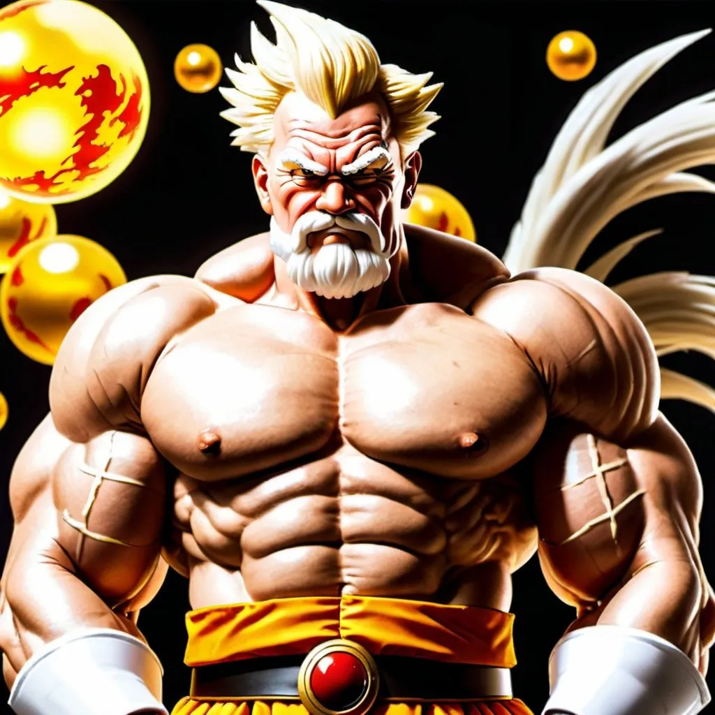 Prompt: Large, muscular version of colonel Sanders without a shirt on and spiky, golden colored hair and DragonBall z in the background