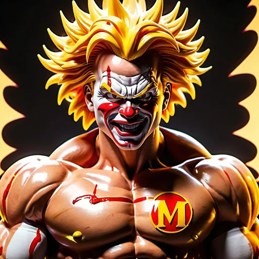 Prompt: Muscular ronald mcdonald without shirt, spiky golden hair, DragonBall Z background, detailed muscles, vibrant colors, high quality, anime style, epic lighting, powerful stance, intense expression