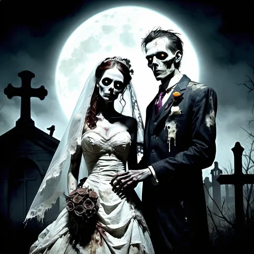 Prompt: Misc-Macabre style illustration of a zombie bride and groom, decaying wedding attire, eerie moonlit graveyard setting, haunting atmosphere, high contrast shadows, gritty and distressed textures, haunting eyes, tattered veil and suit, detailed decay, bone-chilling, best quality, highres, ultra-detailed, misc-macabre, zombie, haunting atmosphere, moonlit, decayed attire, eerie, gritty, detailed eyes, chilling, haunting shadows