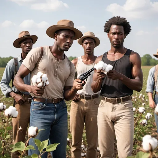 Prompt: black guys picking up cotton from the field , while a white guy, holding a old pistol