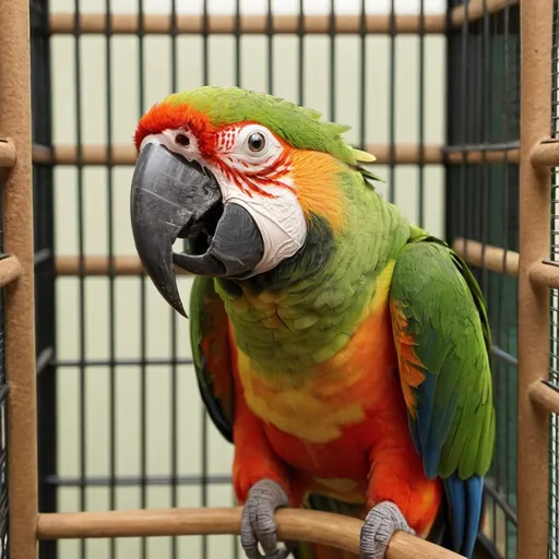 Prompt: Parrot talking , in a  cage
