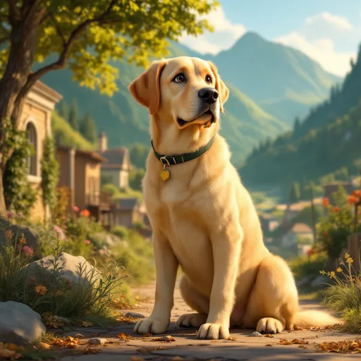 Prompt: estilo disney pixar  em uma pequena cidade cercada por montanhas verdes, um labrador amarelo chamado Charlie. Charlie não era um cachorro comum: ele era gigante! Suas patas eram grandes, seu rabo balançava como um vassourão