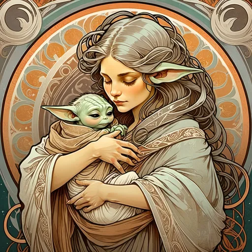 Prompt: Alphonse Mucha Style, flat art-nouveau illustration of silver Mando holding Grogu Baby Yoda swaddled in sackcloth in his arms protectively, thick lines, intricate details, beautiful colors