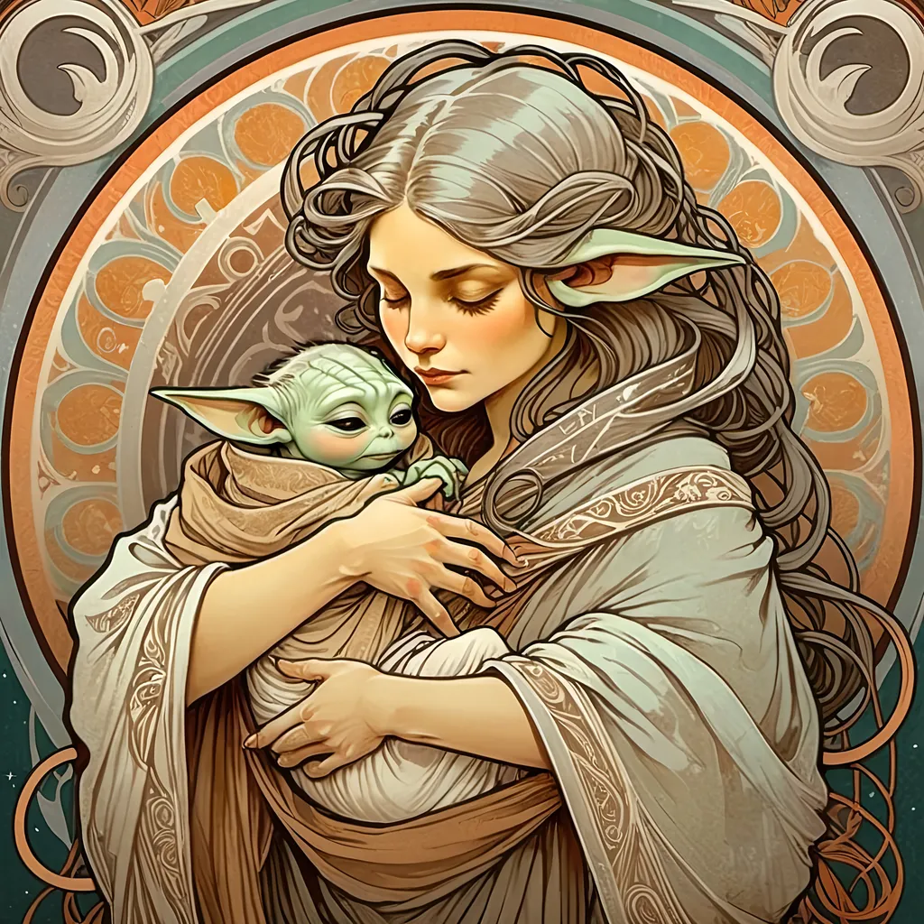 Prompt: Alphonse Mucha Style, flat art-nouveau illustration of silver Mando holding Grogu Baby Yoda swaddled in sackcloth in his arms protectively, thick lines, intricate details, beautiful colors