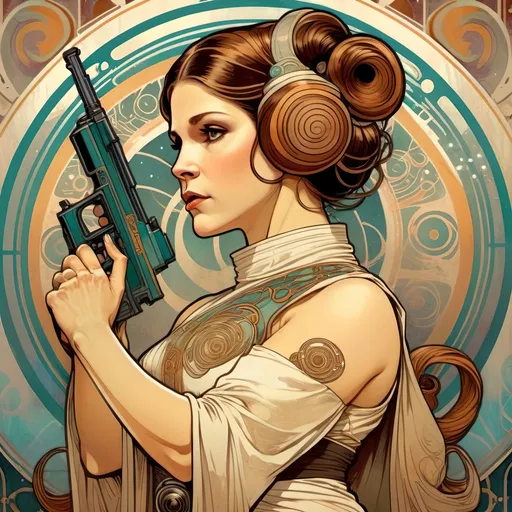 Prompt: Alphonse Mucha Style, art nouveau illustration of Princess Leia with side hair buns, standing sideways, holding a blaster upwards near her face with both hands, thick lines, intricate details, beautiful colors