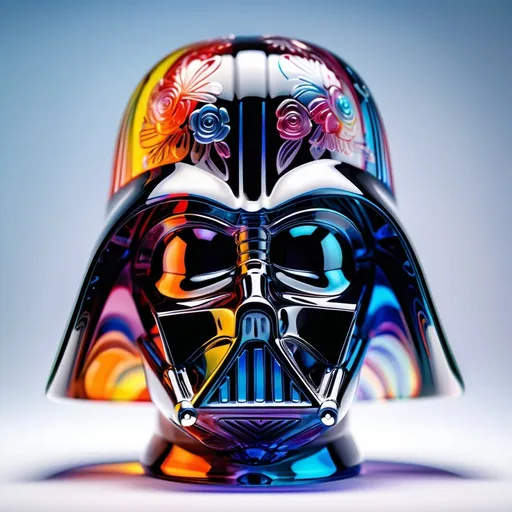 Prompt: A detailed and vibrant transparent glass sculpture of a Darth Vader made of transparent glass, like a glass skull, intricate details, surreal, colorful background