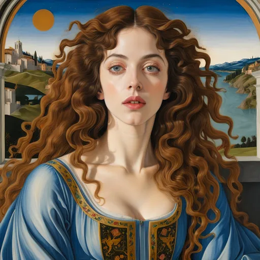 Prompt: Sandro Botticelli style painting of Charlotte Kemp Muhl 3/4-view with tilted head, curly hair, looks like Madonna del Magnificat, there is a central perspective Renaissance scene in background, early Renaissance, mythological, linear, vibrant, flat-lighting