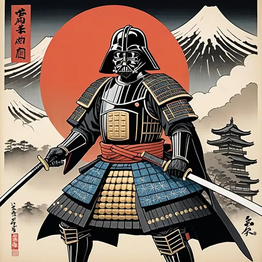 Prompt: Ukiyo-e japanese art of Darth Vader in Samurai armour as a Shogun on a battlefield