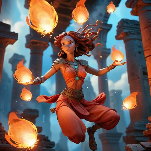Prompt: Floating Avatar woman (in the air) casting fireballs, ancient ruins below, high-quality 3D rendering, vibrant colors, mystical atmosphere, floating pose, detailed facial features, flowing fiery effects, intense and focused eyes, dynamic action, mystical, vibrant colors, detailed ruins, magical lighting. She is looking down at the ruins while floating in the air.