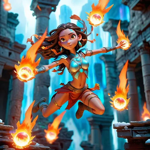 Prompt: (full body view) A (wide scene) of a Floating Avatar woman (flying in the air) casting fireballs and ice shards, ancient ruins below, high-quality 3D rendering, vibrant colors, mystical atmosphere, floating pose, detailed facial features, flowing fiery effects, intense and focused eyes, dynamic action, mystical, vibrant colors, detailed ruins, magical lighting. She is looking down at the ruins while floating in the air.