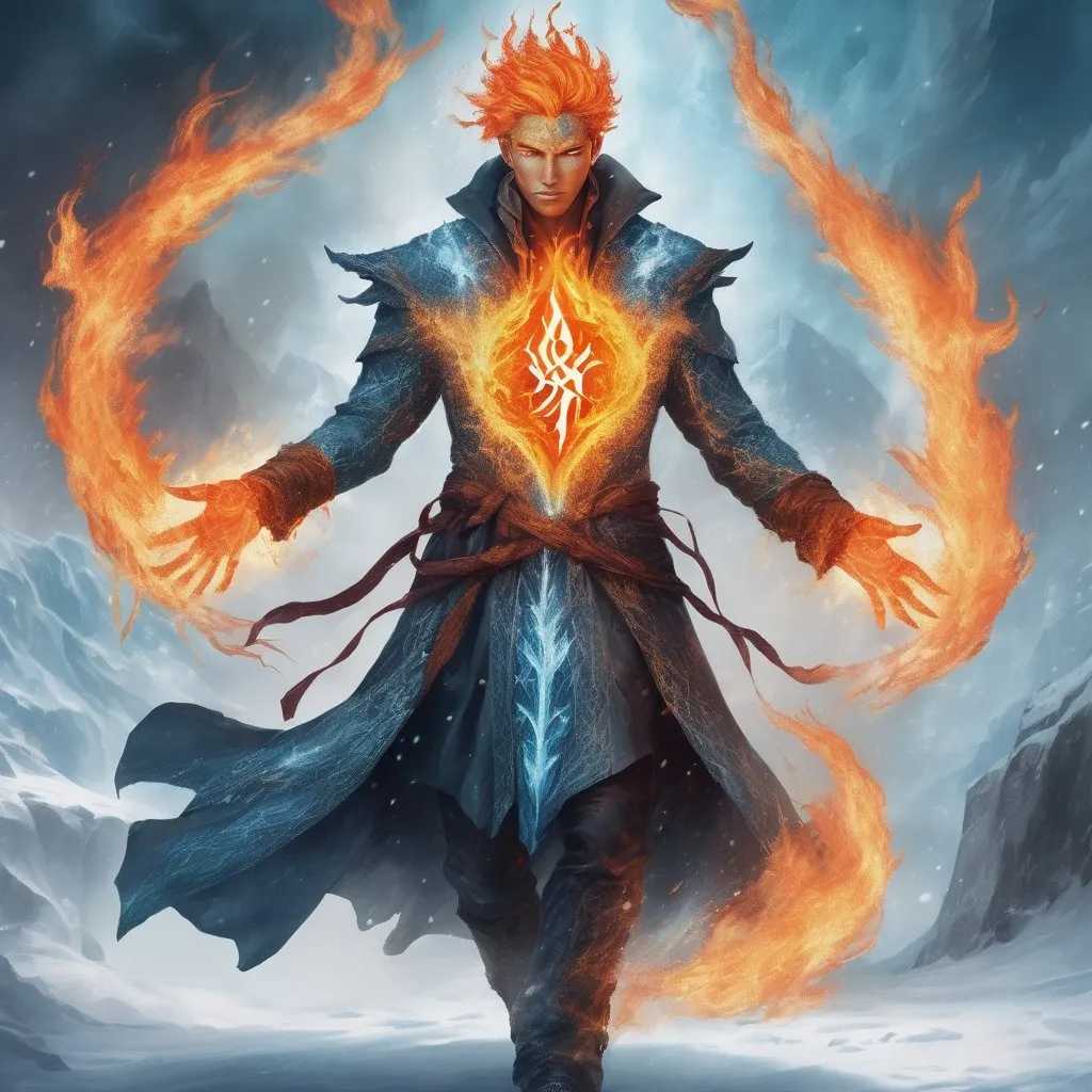 Prompt: Fantasy illustration of a male being made of fire and ice, fiery and icy features, magical elemental fusion wearing an enchanted rune symbol coat, high quality, fantasy, elemental magic, fiery and icy tones, detailed anatomy, mystical