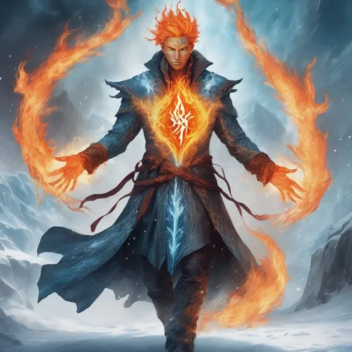 Prompt: Fantasy illustration of a male being made of fire and ice, fiery and icy features, magical elemental fusion wearing an enchanted rune symbol coat, high quality, fantasy, elemental magic, fiery and icy tones, detailed anatomy, mystical