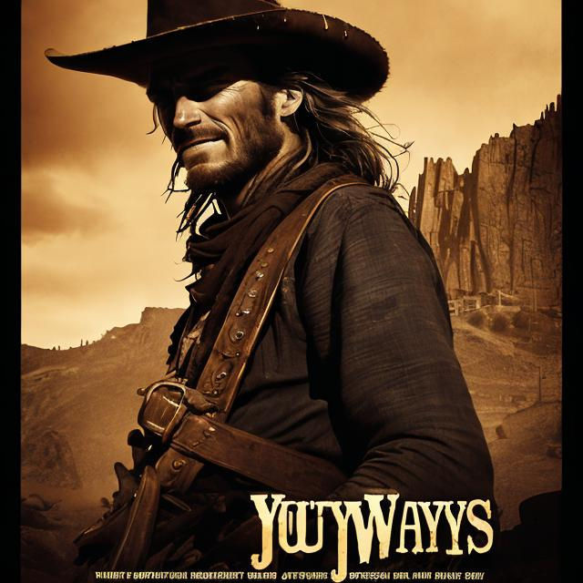 Prompt: Moody, dynamic,  full colour western movie poster, like "The Outlaw Josey Wales", young male anti-hero in his 20s, gunfighter, desperado,  pointing 2 revolvers, in a mining town full of villains, dramatic lighting, detailed characters, high res, smiling expression, cinematic, detailed clothing, dynamic composition, no text