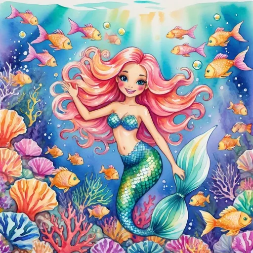 Prompt: A playful mermaid, with sparkling scales and flowing hair, swims through a coral reef, chasing a school of shimmering fish. (Watercolor, whimsical, Lisa Frank)
