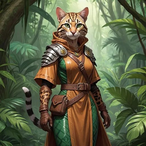 Prompt: female catfolk adventurer, robes, leather armor, ocelot, psion, psychic, druid, jungle background, rainforest background, dnd, d&d, pathfinder