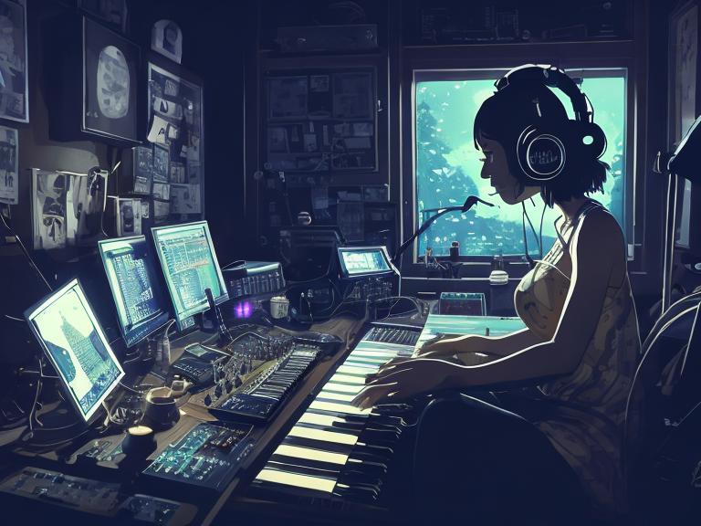 Prompt: Detailed illustration of a female musician producing music late at night in her home studio, headphones, midi keyboard, guitar, exquisite lighting, rim light, clear focus, plain background, studio ghibli, cory loftis, james gilleard, professional, highres, detailed, plain background, very coherent, exquisite lighting, female musician, music production, late night, studio ghibli, Rim light, midi keyboard, guitar