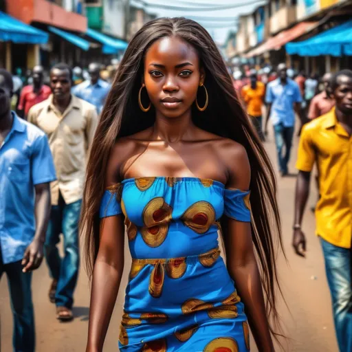 Prompt: (realism) (vibrant) une très belle africaine au cheveux longs marchant dans une rue bondée de monde a abidjan taille fine aux yeux bleu