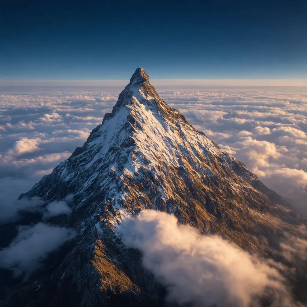 Prompt: A single giant mountain reaching the top of the stratopause, aerial shot