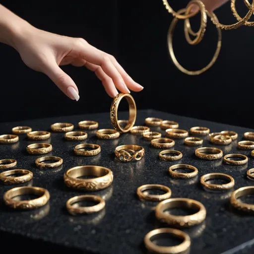 Prompt: 100 beautiful golden rings lying on a black granite table. An open female hand is hovering over the Rings to cast a spell on them. It is set in a fantasy world. 