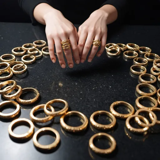 Prompt: 100 beautiful golden rings lying on a black granite table. An open female hand is hovering over the Rings to cast a spell on them. It is set in a fantasy world. 