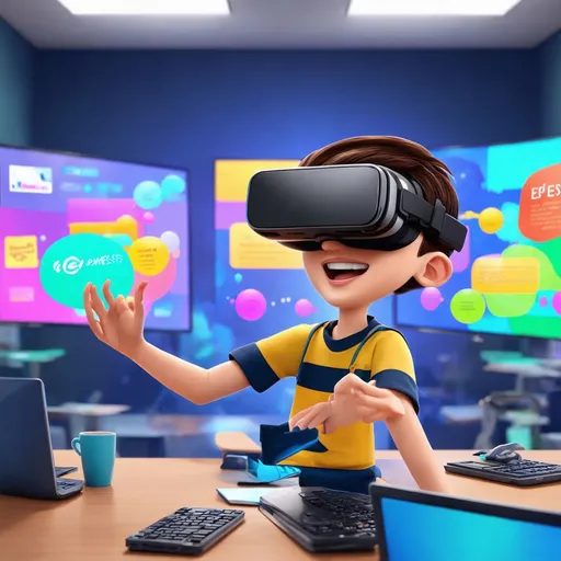 Prompt: (student wearing VR headset), showcasing virtual lessons, immersive learning environment, bright and engaging setup, futuristic classroom, (high-tech educational tools) surrounding, interactive lesson displays, (vibrant colors) for an energetic atmosphere, (ultra-detailed) visuals, clear focus on the student’s expression of curiosity and excitement, background filled with (digital screens) reflecting diverse subjects.Cartoon .bubles with different lessons. All in different languages.More immersive and on vr add exness logo. MAKE IT A CARTOON
