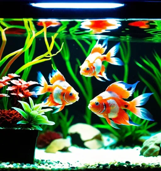 Prompt: Two orange fish in a beautiful Aquarium with a green, red  Plant 
