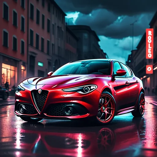 Prompt: make a cool cover art image of a 2021 alfa romeo guilia quadrifoglio, not the stelvio, for a trance album with neon colors lighting the street in a modern glass city no writing and a thunderstorm in the sky and rain
