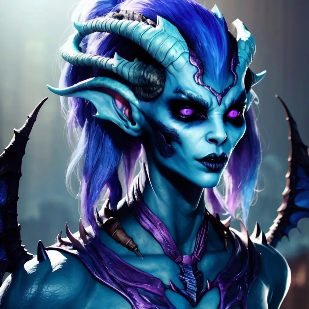 Prompt: A alien humanoid with blue and purple skin. She has icey blue hair and horns angled toward the back or her head. She has fangs and wings on her back like a bat.