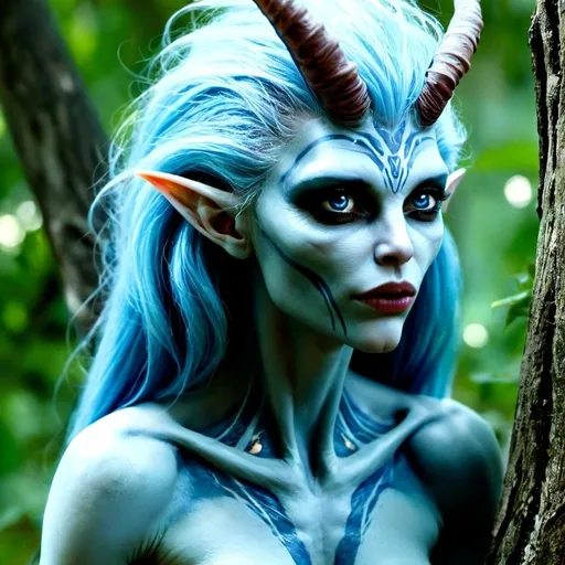 Prompt: A female alien that resembles a human. She has long bright blue hair. Her face is pretty and she has small horns coming from her head. She has gills in her neck and wings on her back like a bat. She is leaning against a tree with her chest puffed out