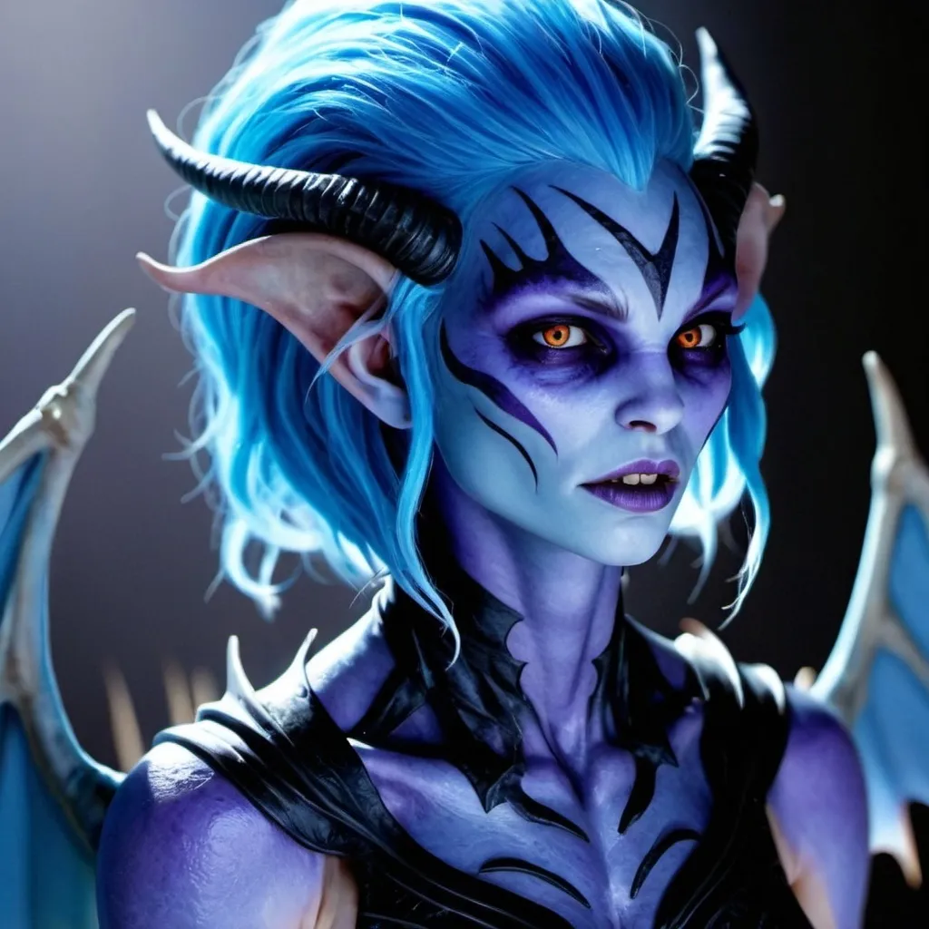 Prompt: A alien humanoid with blue and purple skin. She has icey blue hair and horns angled toward the back or her head. She has fangs and wings on her back like a bat. She is floating in mid air.